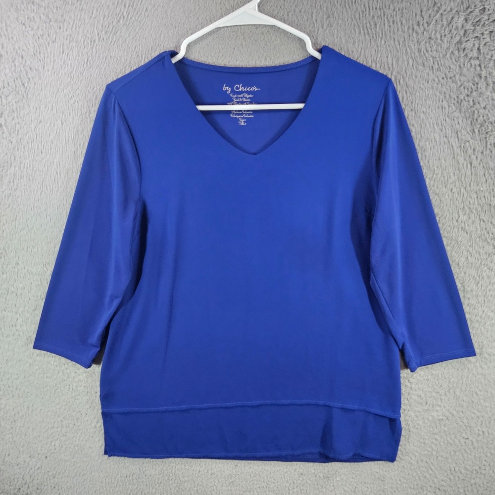 Chico's Royal Blue V-Neck 3/4 Sleeve Top Size 0 Small Mixed Media Blouse